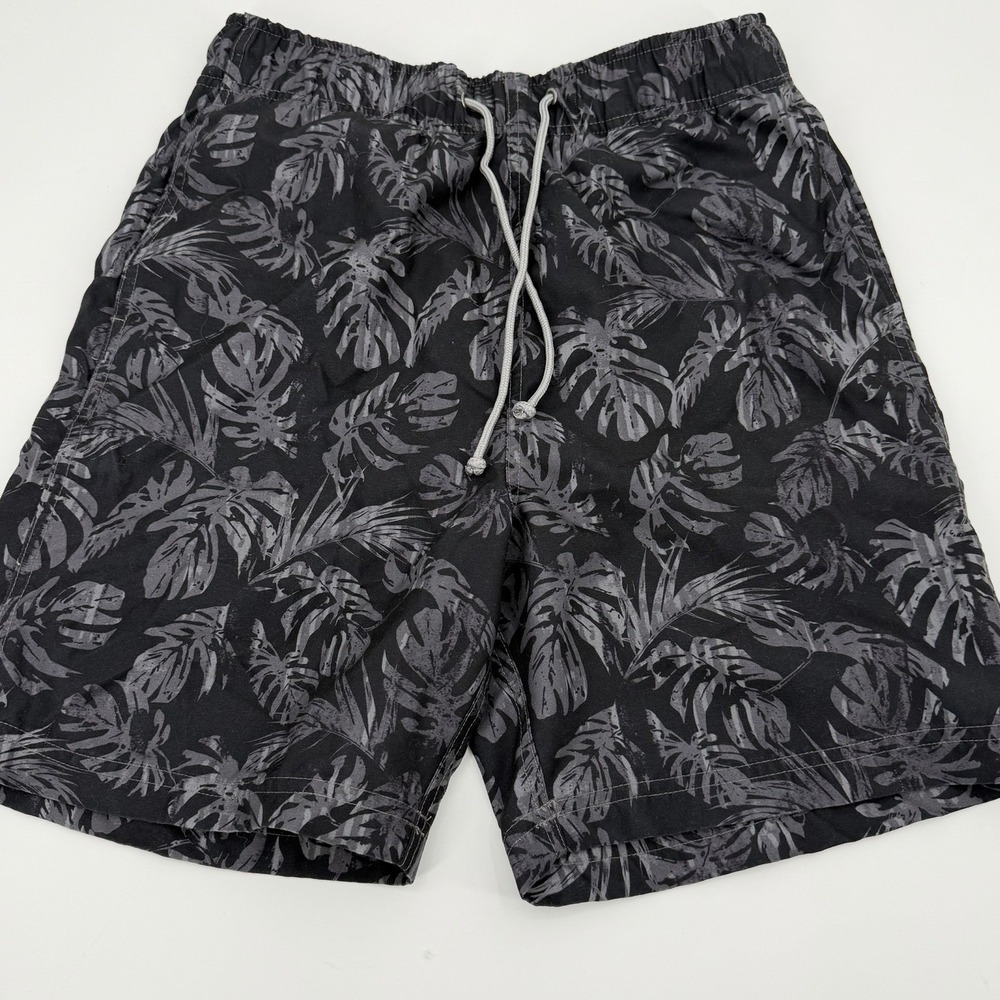 Bass Pro Shop Men Small Black Gray Palm Print Swim Trunks Pool Beach Summer